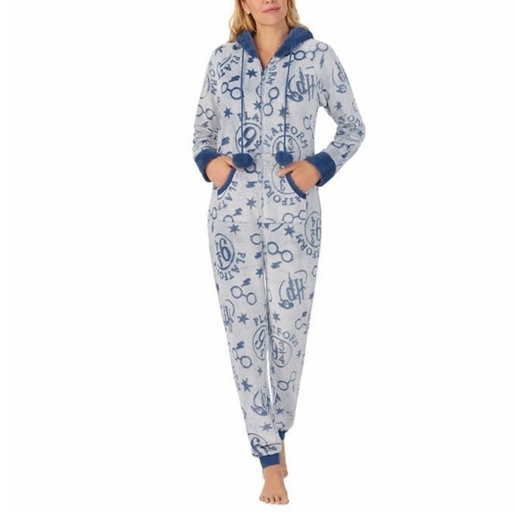 Wizarding World Of Harry Potter Plush Blue One Piece Hooded Pajamas - Picture 1 of 9